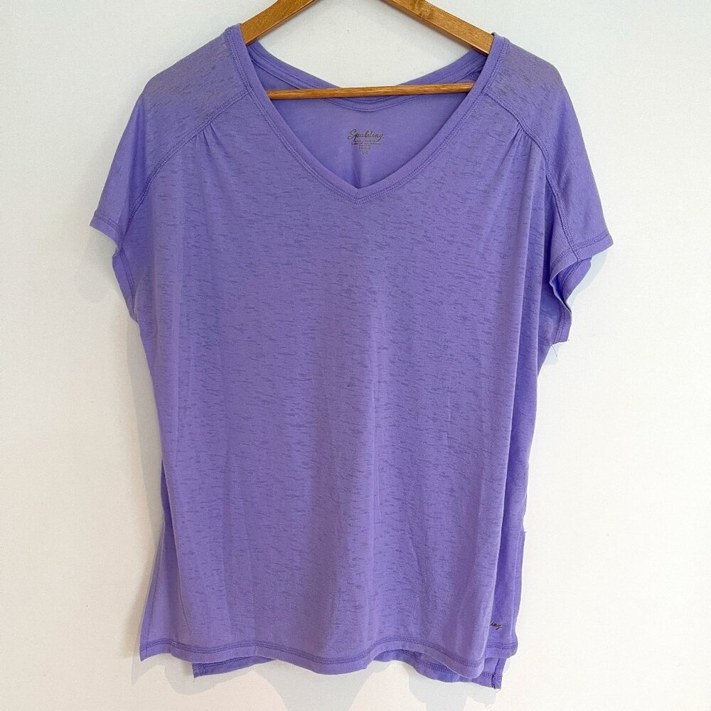 Spalding Women Purple Short Sleeve V Neck Pullover T Shirt Size L
